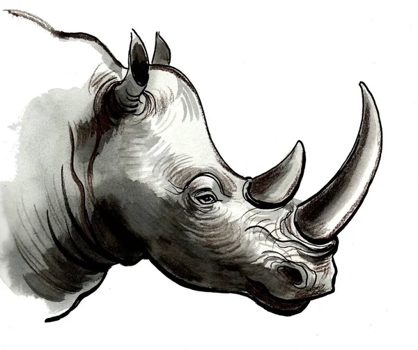 Cabeza Rinoceronte Dibujo Tinta Acuarela —  Fotos de Stock
