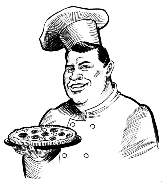 Chef Charakter Mit Einer Pizza Tusche Schwarz Weiß Zeichnung — Stockfoto