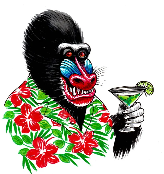 Macaco Beber Copo Cocktail Desenho Tinta Aquarela — Fotografia de Stock