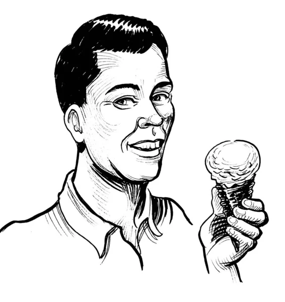 Ευτυχισμένος Άνθρωπος Τρώει Παγωτό Χωνάκι Μελάνι Ασπρόμαυρο Σχέδιο — Φωτογραφία Αρχείου