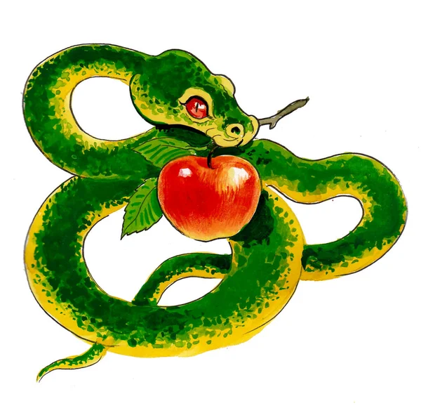 Zöld Kígyó Vörös Alma Gyümölccsel Tinta Akvarell Rajz — Stock Fotó