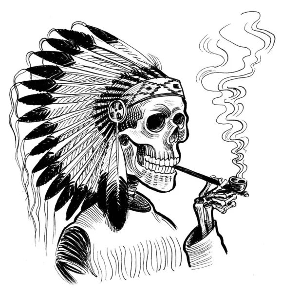 Ölü Kızılderili Piposu Mürekkep Siyah Beyaz Çizim — Stok fotoğraf