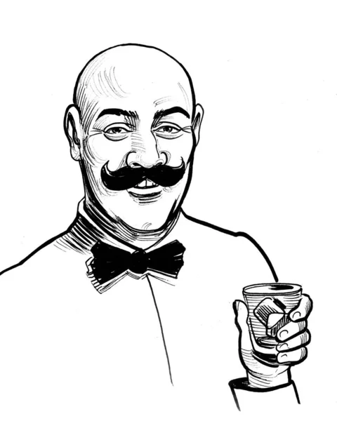Leende Servitör Med Ett Glas Whisky Bläck Svart Och Vitt — Stockfoto