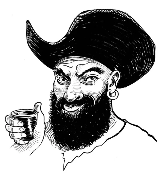 Pirát Pije Rum Černobílá Kresba Inkoustu — Stock fotografie