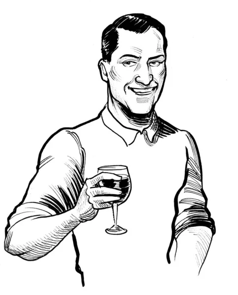 Mann Probiert Ein Glas Wein Schwarz Weiße Tuschezeichnung — Stockfoto