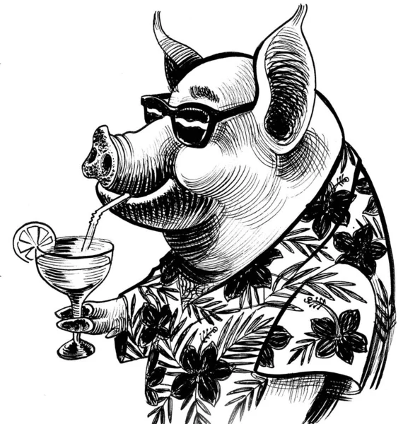 Cool Pig Drinking Cocktail Ink Black White Drawing — Stock Photo, Image