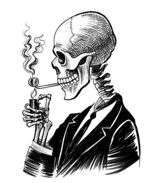 Ανθρώπινος Σκελετός Καπνίζει Μελάνι Ασπρόμαυρο Σχέδιο — Φωτογραφία Αρχείου