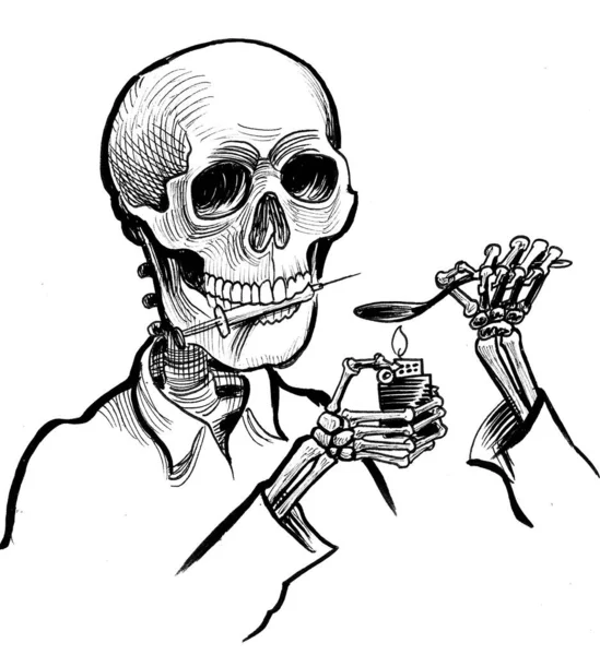 Ανθρώπινος Σκελετός Θερμαίνει Ηρωίνη Στο Κουτάλι Μελάνι Ασπρόμαυρο Σχέδιο — Φωτογραφία Αρχείου