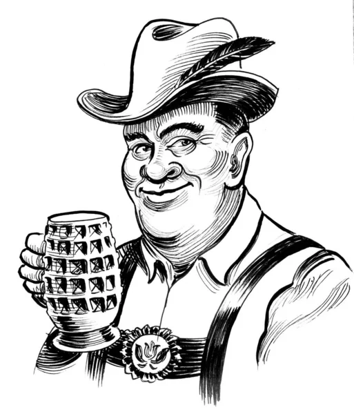 Німецький Чоловік Чашку Пива Чорно Білий Малюнок — стокове фото