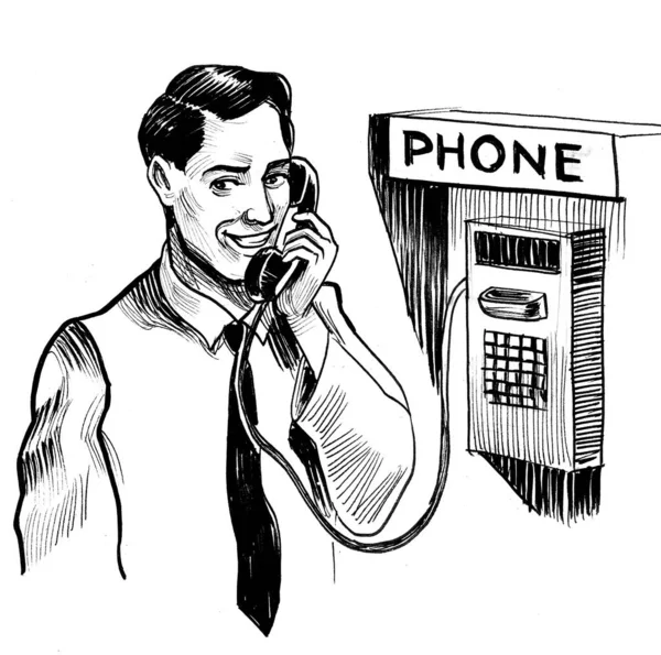 快乐的男人通过付费电话说话 墨水黑白画 — 图库照片
