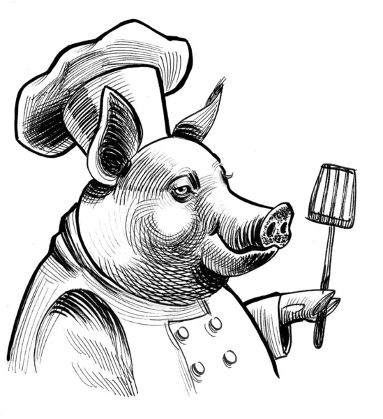 Happy Chef Pig Ink Black White Drawing — Stock Photo, Image