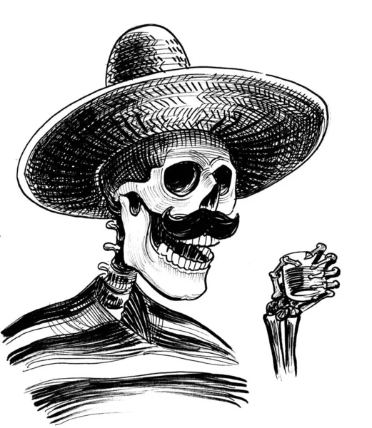 Död Mexikan Som Dricker Tequila Bläck Svart Och Vitt Ritning — Stockfoto