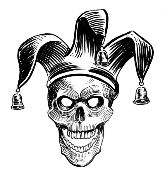 小丑帽子里的邪恶骷髅 墨水黑白画 — 图库照片