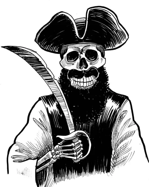 Pirate Mort Chapeau Avec Sabre Encre Dessin Noir Blanc — Photo