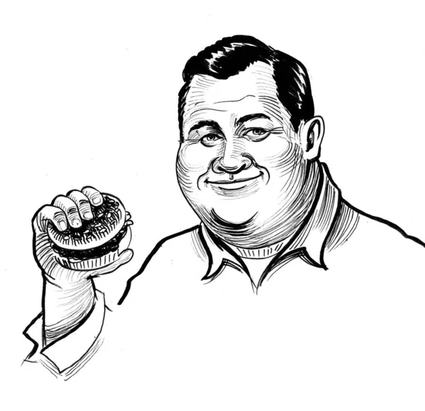 デブがバーガーを食べてる 墨と白のドローイング — ストック写真