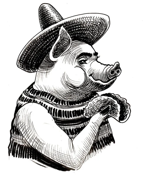Pig Eating Taco Ink Black White Drawing — Stock Photo, Image