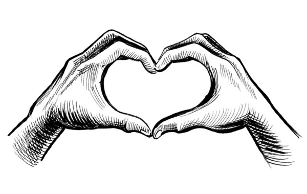 Ruce Utvářející Srdce Černobílá Kresba Inkoustu — Stock fotografie