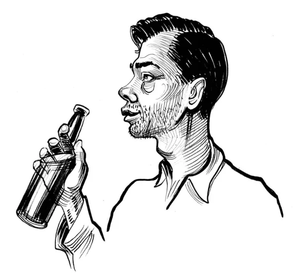 Homem Alcoólico Com Uma Garrafa Cerveja Tinta Desenho Preto Branco — Fotografia de Stock