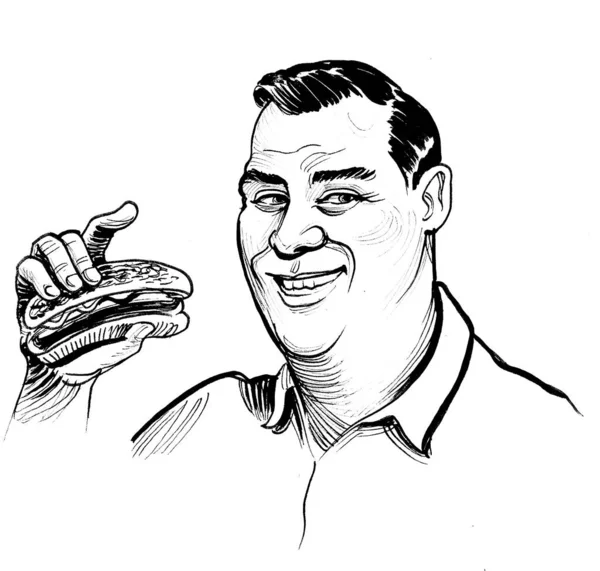 Homme Heureux Qui Mange Hot Dog Encre Dessinée Main Rétro — Photo