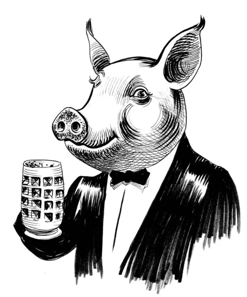 Pig Suit Drinking Mug Beer Ink Black White Drawing — Stock Photo, Image