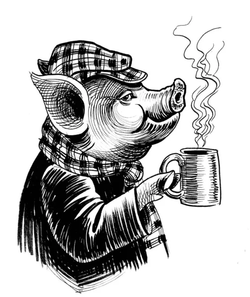 Świnia Pijąca Kubek Kawy Czarno Biały Rysunek Atramentu — Zdjęcie stockowe