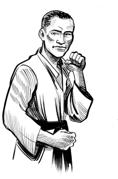 Wojownik Karate Tusz Czarno Biały Ręcznie Rysowany Papierze — Zdjęcie stockowe
