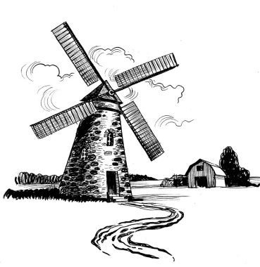 Old windmill in the countryside. Ink black and white drawing