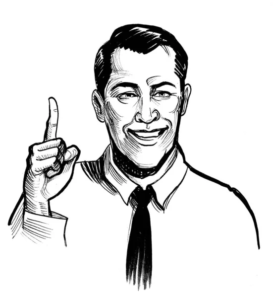 Smiling Man Shirt Tie Pointing Ink Black White Drawing — Stock Photo, Image