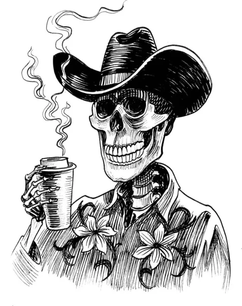 Skelett Cowboyhatt Som Dricker Kopp Kaffe Bläck Svart Och Vitt — Stockfoto