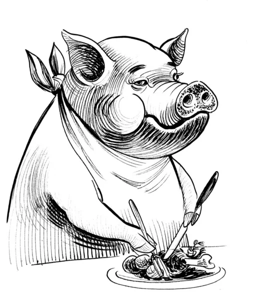 Szczęśliwa Świnia Jedząca Posiłek Widelcem Nożem Czarno Biały Rysunek Atramentu — Zdjęcie stockowe