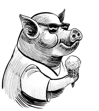 Güneş gözlüklü, dondurma yiyen havalı bir domuz. Kağıt retro taslak üzerine elle çizilmiş mürekkep