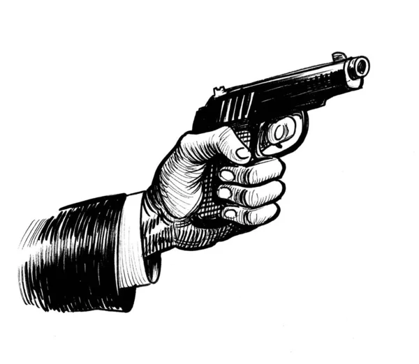 Mão Com Pistola Tinta Desenhada Mão Sobre Papel Retro Estilo — Fotografia de Stock