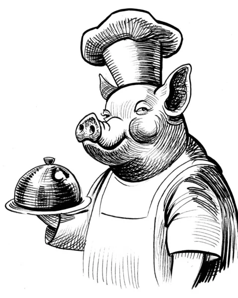 Lächelnde Schweinefigur Schürze Und Kochmütze Zum Essen Handgezeichnete Tusche Auf — Stockfoto