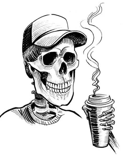 Ανθρώπινος Σκελετός Στο Καπάκι Πίνοντας Ένα Φλιτζάνι Καφέ Χειροποίητο Μελάνι — Φωτογραφία Αρχείου