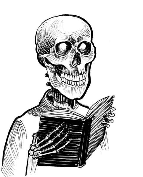 Людський Скелет Читає Книгу Чорно Білий Малюнок — стокове фото