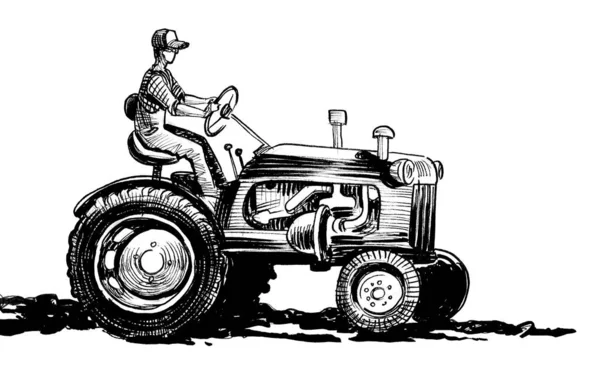 Farmář Řídí Veteránský Traktor Ručně Kreslený Inkoust Papíře Retro Černobílý — Stock fotografie