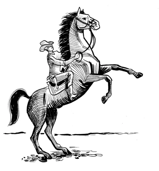 Cowboy Riding Wild Horse Hand Drawn Paper Ink Black White — Stock Photo, Image