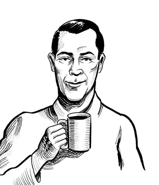 Mladý Muž Pije Hrnek Kávy Ručně Kreslený Inkoust Papíře Retro — Stock fotografie