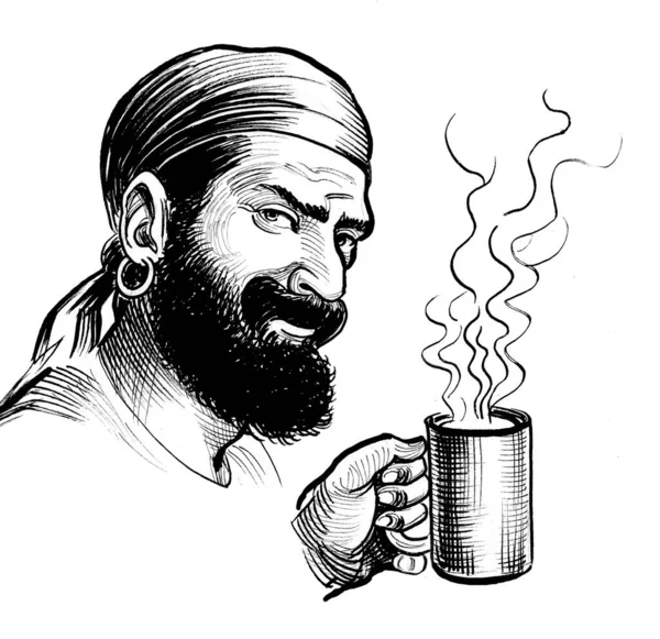 Personaje Pirata Bebiendo Una Taza Café Dibujo Mano Tinta Papel — Foto de Stock
