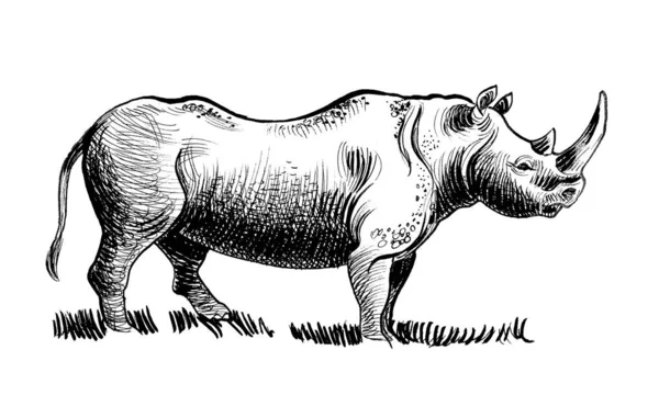 Großes Stehendes Nashorn Handzeichnen Tusche Papier Schwarz Weiß Zeichnung — Stockfoto