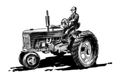Traktördeki çiftçi. Kağıt üzerine el çizimi mürekkep siyah beyaz çizim