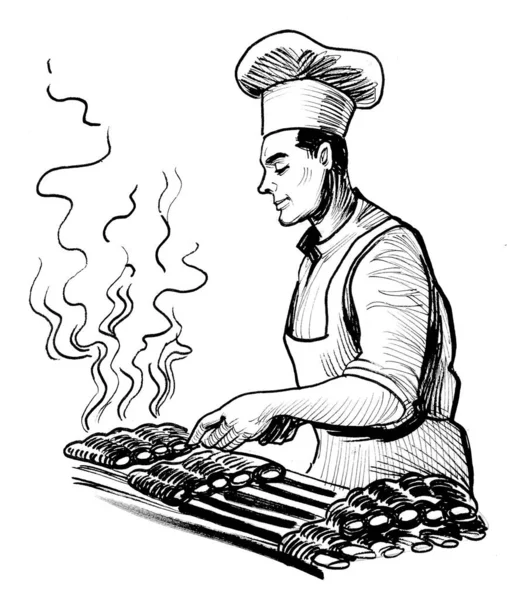 Σεφ Μαγειρεύει Μπάρμπεκιου Χειροποίητο Μελάνι Ασπρόμαυρο Σχέδιο — Φωτογραφία Αρχείου