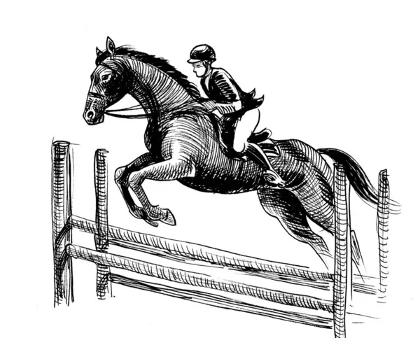 馬に乗ってジョッキー 黒と白の紙に手描きインク — ストック写真