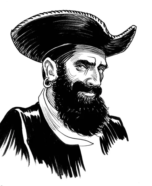 Personagem Capitão Pirata Tinta Desenho Preto Branco — Fotografia de Stock
