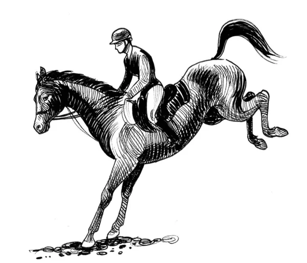 Τζόκι Καβάλησε Ένα Άλογο Διαγωνισμό Χειροποίητο Μελάνι Ασπρόμαυρο Σχέδιο — Φωτογραφία Αρχείου