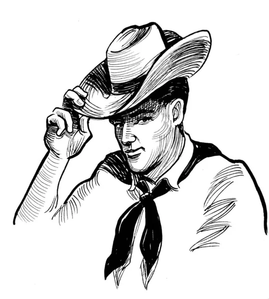 Amerikaans Kunst Zwart Spotprent Karakter Cowboy Tekening Gezicht Grafisch Handgetekend — Stockfoto