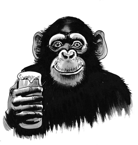 Schimpans Dricker Ett Glas Handritat Bläck Papper Svart Och Vitt — Stockfoto