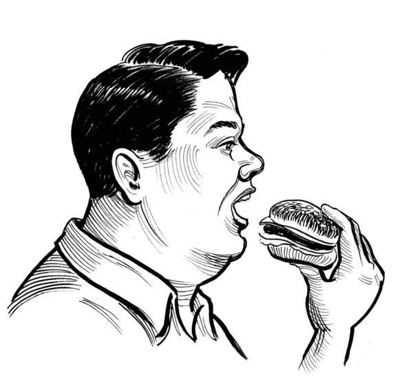 Fat Man Eating Burger Hand Drawn Ink Paper Black White — Stock Photo, Image