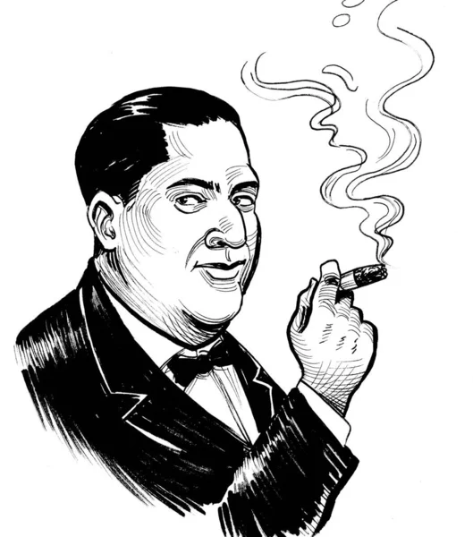 Homme Riche Fumant Cigare Encre Dessinée Main Style Rétro Sur — Photo