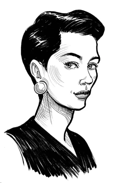 Csinos Lány Frizurával Kézzel Rajzolt Tinta Fekete Fehér Illusztráción — Stock Fotó